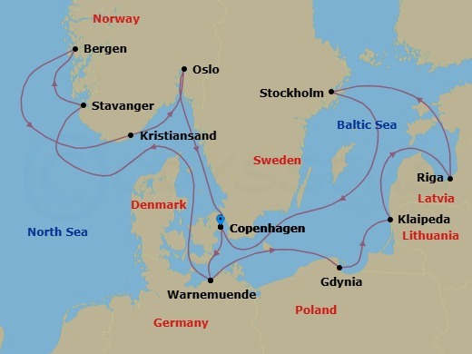 14 Night - Northern Europe - MSC Magnifica - Starting in Copenhagen, Denmark, Warnemunde (Berlin), Germany, Gdynia (Gdansk), Poland, Klaipeda, Lithuania, Riga, Latvia, Stockholm, Sweden, Copenhagen, Denmark, Warnemunde (Berlin), Germany, Stavanger (Lysefijord), Norway, Bergen, Norway, Kristiansand, Norway, Oslo, Norway, Copenhagen, Denmark itinerary map
