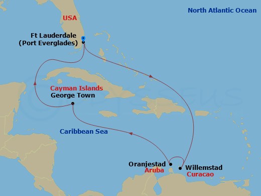 8 Night - Aruba, Curacao & Grand Cayman - Celebrity Beyond - Starting in Fort Lauderdale, Florida, Willemstad AN, Curacao, Oranjestad, Aruba, George Town, Grand Cayman, Fort Lauderdale, Florida itinerary map