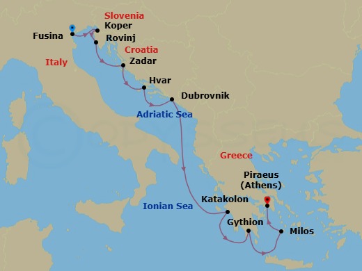 10 Night - Fusina to Athens - Silver Nova - Starting in Fusina (Venice), Koper, Rovinj, Zadar, Hvar, Dubrovnik, Croatia, Katakolon (Olympia), Gythion, Milos, Athens (Piraeus) itinerary map