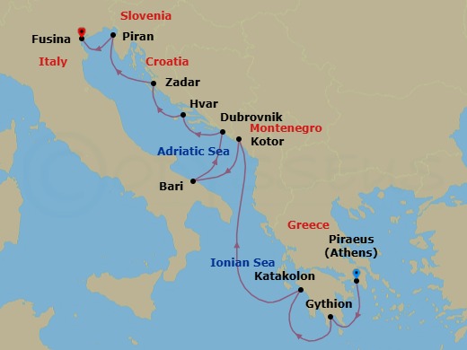 10 Night - Athens to Fusina - Silver Nova - Starting in Athens (Piraeus), Gythion, Katakolon (Olympia), Kotor, Bari, Dubrovnik, Croatia, Hvar, Zadar, Piran, Fusina (Venice) itinerary map