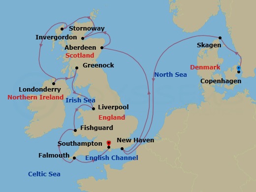 12 Night - Copenhagen to Southampton - Silver Dawn - Starting in Copenhagen, Skagen, Newhaven (Edinburgh), Scotland, Aberdeen, Invergordon (Highland), Stornoway (Isle of Lewis), Greencastle (Londonderry), Greenock (Glasgow), Scotland, Liverpool, Fishguard, Wales, Falmouth, England, Southampton itinerary map