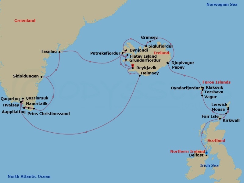28 Night - Wild Isles of the North Atlantic, Greenland & Iceland - Seabourn Venture - Starting in Belfast, Northern Ireland, United Kingdom, Kirkwall, Scotland, United Kingdom, Fair Isle, Shetland Islands, Scotland, UK, Mousa, Shetland Islands, Scotland, UK, Lerwick, Shetland Islands, United Kingdom, Isle of Noss, Shetland Islands, Scotland, United Kingdom, Vagur, Faroe Islands, Torshavn, Faroe Islands, Klaksvik, Faroe Islands, Oyndarfjordur, Faroe Islands, Djupivogur, Iceland, Papey Island, Iceland, Grimsey, Iceland, Siglufjordur, Iceland, Dynjandi, Iceland, Patreksfjordur, Iceland, Reykjavik, Iceland, Outer Islands of Heimaey, Heimaey, Westman Islands, Iceland, Qaqortoq, Greenland, Hvalsey, Greenland, Brattahlid (Qassiarsuk), Greenland, Southern Greenland, Nanortalik, Greenland, Tasermiut Fjord, Greenland, Southern Greenland, Aappilattoq, Greenland, Prins Christian Sund, Greenland, Skjoldungen Fjord, Greenland, Tasiilaq, Greenland, Southern Greenland, Patreksfjordur, Iceland, Flatey, Iceland, Grundarfjordur, Iceland, Reykjavik, Iceland itinerary map