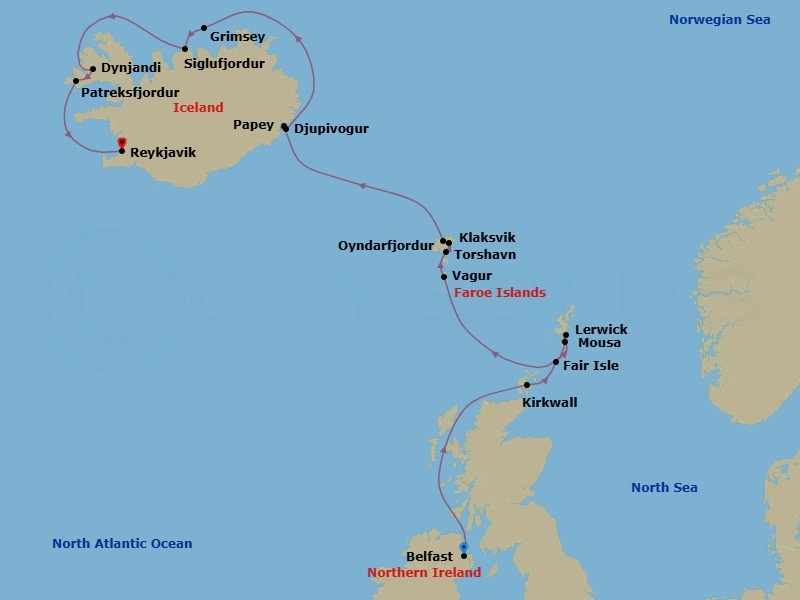 14 Night - Wild Isles of the North Atlantic - Seabourn Venture - Starting in Belfast, Northern Ireland, United Kingdom, Kirkwall, Scotland, United Kingdom, Fair Isle, Shetland Islands, Scotland, UK, Mousa, Shetland Islands, Scotland, UK, Lerwick, Shetland Islands, United Kingdom, Isle of Noss, Shetland Islands, Scotland, United Kingdom, Vagur, Faroe Islands, Torshavn, Faroe Islands, Klaksvik, Faroe Islands, Oyndarfjordur, Faroe Islands, Djupivogur, Iceland, Papey Island, Iceland, Grimsey, Iceland, Siglufjordur, Iceland, Dynjandi, Iceland, Patreksfjordur, Iceland, Reykjavik, Iceland itinerary map