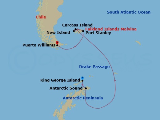 13 Night - King George Island to Puerto Williams - Silver Endeavour - Starting in King George Island, Antarctic Sound, Antarctic Peninsula, Drake Passage, Carcass Islands, Falklands, New Island, Port Stanley, Falkland Islands, Puerto Williams itinerary map