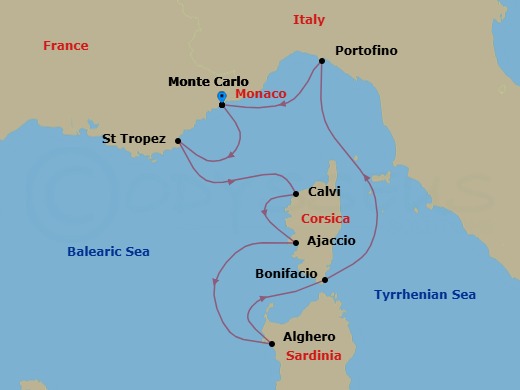 7 Night - Monte Carlo / Monte Carlo - Ilma - Starting in Monte Carlo, Saint-Tropez, Calvi, Corsica, Ajaccio, Corsica, Alghero, Sardinia, Bonifacio, Corsica, Portofino, Monte Carlo itinerary map