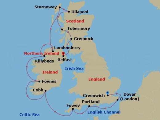 14 Night - British Isles & Ireland - Viking Mira - Starting in London (Greenwich), Dover UK, Portland UK, Fowey, Cobh (Cork), Foynes (Limerick), Killybegs, Londonderry, Lewis and Harris (Stornoway), Scotland, The Highlands (Ullapool), Tobermory, Glasgow (Greenock), Belfast itinerary map