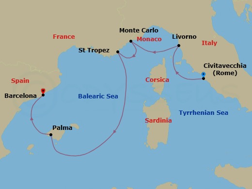 7 Night - Rome (Civitavecchia) / Barcelona - Ilma - Starting in Rome (Civitavecchia), Livorno, Monte Carlo, Saint-Tropez, Palma de Mallorca, Mallorca, Balearic Islands, Barcelona itinerary map