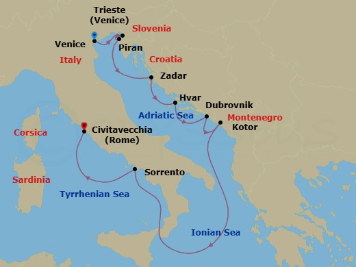 9 Night - Venice / Rome (Civitavecchia) - Ilma - Starting in Venice, Trieste, Piran, Zadar, Hvar, Dubrovnik, Croatia, Kotor, Sorrento, Rome (Civitavecchia) itinerary map