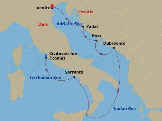 6 Night - Rome (Civitavecchia) / Venice - Ilma - Starting in Rome (Civitavecchia), Sorrento, Dubrovnik, Croatia, Hvar, Zadar, Venice itinerary map
