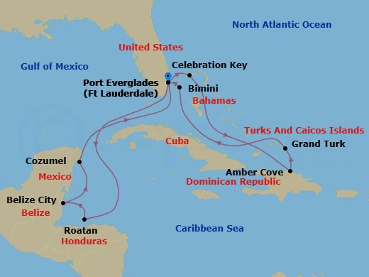 14 Night - Eastern / Western Caribbean Adventurer with Celebration Key - Star Princess - Starting in Fort Lauderdale, Florida, Roatan (Isla Tropicale), Honduras, Belize City, Belize, Cozumel, Mexico, Fort Lauderdale, Florida, Celebration Key, Bahamas, Amber Cove, Dominican Republic, Grand Turk, Turks and Caicos, Bimini, Bahamas, Fort Lauderdale, Florida itinerary map