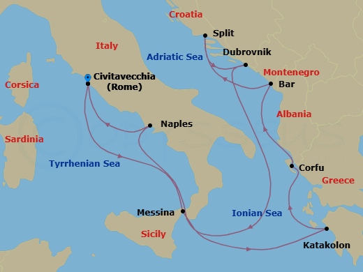 10 Night - Italy, Greece & Croatia Cruise - Celebrity Ascent - Starting in Rome (Civitavecchia), Italy, Sicily (Messina), Italy, Olympia (Katakolon), Greece, Corfu, Greece, Montenegro, Split, Croatia, Dubrovnik, Croatia, Naples, Italy, Rome (Civitavecchia), Italy itinerary map