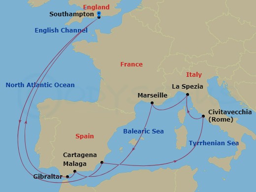 14 Night - Italy, France and Spain - Queen Anne - Starting in Southampton, England, UK, Cartagena ES, Civitavecchia (tours to Rome), Italy, La Spezia (tours to Florence or Pisa), Italy, Marseille, France, Malaga (tours to Granada), Spain, Gibraltar, Southampton, England, UK itinerary map