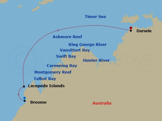 10 Night - Australia's Kimberley Coast : Broome to Darwin - Emerald Xara - Starting in Broome, Western Australia, Australia, Lacepede Islands, Australia, Talbot Bay and Horizontal Falls, Australia, Montgomery Reef and Freshwater Cove, Australia, Careening Bay, Port Nelson, Australia, Hunter River and Mitchell Falls, Australia, Swift Bay, Australia, Ashmore Reef, Australia, Vansittart Bay, Australia, King George River, Australia, Darwin, Northern Territory, Australia itinerary map