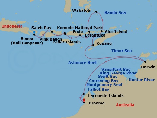 23 Night - Discover Bali, Darwin & the Kimberley Coast - Emerald Xara - Starting in Bali, Indonesia, Saleh Bay, Indonesia, Komodo National Park, Komodo Island / Pink Beach, Indonesia, Pulau Padar, Indonesia, Ende, Flores Island, Indonesia, Larantuka, Flores Island, Indonesia, Wakatobi Marine Park, Indonesia, Alor Island, Kalabahi, Indonesia, Kupang, West Timor Island, Indonesia, Darwin, Northern Territory, Australia, King George River, Australia, Vansittart Bay, Australia, Ashmore Reef, Australia, Swift Bay, Australia, Hunter River and Mitchell Falls, Australia, Montgomery Reef and Freshwater Cove, Australia, Careening Bay and Port Nelson, Australia, Talbot Bay and Horizontal Falls, Australia, Lacepede Islands, Australia, Broome, Western Australia, Australia itinerary map