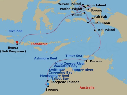 22 Night - Discover the Kimberley & Raja Ampat : Broome to Bali - Emerald Xara - Starting in Broome, Western Australia, Australia, Lacepede Islands, Australia, Talbot Bay and Horizontal Falls, Australia, Montgomery Reef and Freshwater Cove, Australia, Careening Bay, Port Nelson, Australia, Hunter River and Mitchell Falls, Australia, Swift Bay, Australia, Ashmore Reef, Australia, Vansittart Bay, Australia, King George River, Australia, Darwin, Northern Territory, Australia, Kai Islands, Indonesia, Triton Bay, Indonesia, Pulau Koon, Indonesia, Fakfak, Indonesia, Misool Island, Raja Ampat Islands, Indonesia, Pulau Penemu, Raja Ampat Islands, Indonesia, Wayag Island, Raja Ampat Islands, Indonesia, Wofoh Island, Raja Ampat Islands, Indonesia, Kri / Gam Island, Raja Ampat Islands, Indonesia, Sorong, Southwest Papua, Indonesia / Bali, Indonesia, Bali, Indonesia itinerary map