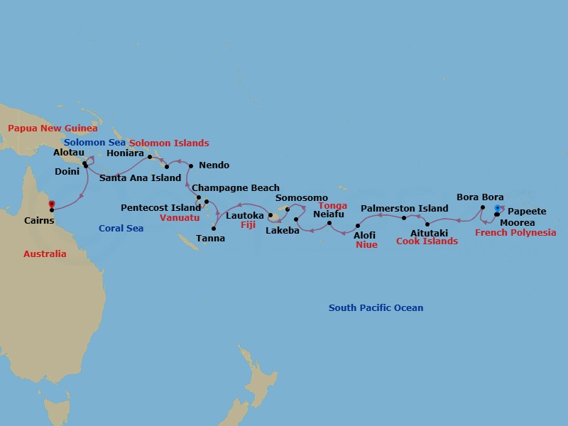 25 Night - Ultimate Voyage : Tahiti, Papua New Guinea & Solomon Islands - Scenic Eclipse II - Starting in Papeete, French Polynesia, Cooks Bay, Moorea, French Polynesia, Bora Bora, French Polynesia, Aitutaki Atoll, Cook Islands, Palmerston Island, Cook Islands, Alofi, Niue, Cross the International Date Line, Neiafu, Vavau, Tonga, Tubou Village, Lakeba Island, Fiji, Somosomo, Taveuni Island, Fiji, Lautoka, Fiji, Tanna Island, Vanuatu, Pentecost Island, Vanuatu, Champagne Beach, Espiritu Santo Island, Vanuatu, Lata, Ndende Island, Solomon Islands, Santa Ana Island, Solomon Islands, Honiara, Guadalcanal Island, Solomon Islands, Alotau, Papua New Guinea, Doini Island, Papua New Guinea, Cairns, Queensland, Australia itinerary map