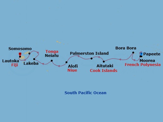 12 Night - Reefs & Volcanic Isles : Tahiti to Fiji - Scenic Eclipse II - Starting in Papeete, French Polynesia, Cooks Bay, Moorea, French Polynesia, Bora Bora, French Polynesia, Aitutaki Atoll, Cook Islands, Palmerston Island, Cook Islands, Alofi, Niue, Cross the International Date Line, Neiafu, Vavau, Tonga, Tubou Village, Lakeba Island, Fiji, Somosomo, Taveuni Island, Fiji, Lautoka, Fiji itinerary map