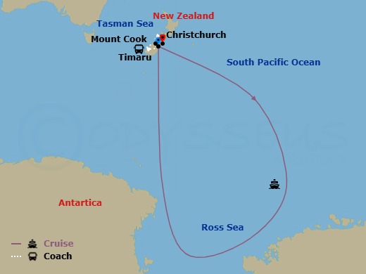 26 Night - Antarctica's Ross Sea, Mt. Cook & Christchurch - Cruise & Land Journey - Scenic Eclipse II - Starting in Timaru (Christchurch), New Zealand, Entering, Antarctica, Antarctica, Antarcticas Ross Sea Region, Antarctica, New Zealand Subantarctic Islands, Timaru (Christchurch), New Zealand, Timaru, New Zealand / Mount Cook, Mount Cook / Christchurch, Christchurch itinerary map