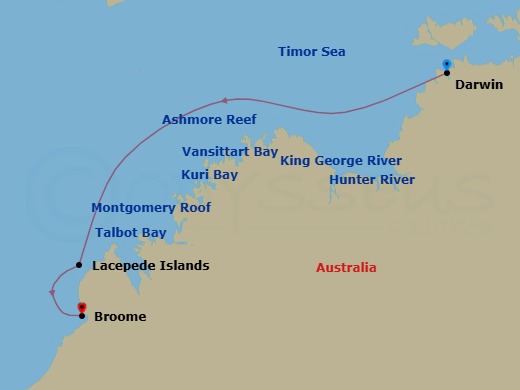 10 Night - Discover the Kimberley Coastline : An Ancient Wilderness - Scenic Eclipse II - Starting in Darwin, Northern Territory, Australia, King George River, Australia, Vansittart Bay, Australia, Ashmore Reef, Australia, Swift Bay, Australia, Hunter River and Mitchell Falls, Australia, Montgomery Reef and Freshwater Cove, Australia, Careening Bay, Port Nelson, Australia, Talbot Bay and Horizontal Falls, Australia, Lacepede Islands, Australia, Broome, Western Australia, Australia itinerary map