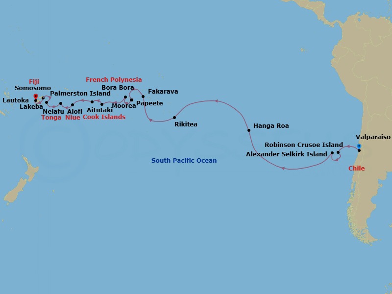 30 Night - Ultimate Voyage : Easter Island, French Polynesia & Pacific Discovery - Scenic Eclipse II - Starting in Valparaiso, Chile, Robinson Crusoe Island, Chile, Alexander Selkirk Island, Chile, Hanga Roa, Easter Island, Chile, Pitcairn Island, United Kingdom, Rikitea, Gambier Islands, French Polynesia, Fakarava, Tuamotu, French Polynesia, Papeete, Tahiti, French Polynesia, Cooks Bay, Moorea, French Polynesia, Bora Bora, French Polynesia, Aitutaki Atoll, Cook Islands, Palmerston Island, Cook Islands, Alofi, Niue, Cross the International Date Line, Neiafu, Vavau, Tonga, Tubou Village, Lakeba Island, Fiji, Somosomo, Taveuni Island, Fiji, Lautoka, Fiji itinerary map