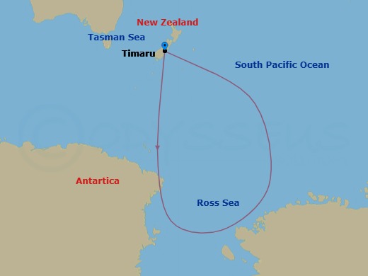 23 Night - Antarctica's Ross Sea : Majestic Ice & Wildlife - Scenic Eclipse II - Starting in Timaru (Christchurch), New Zealand, Entering, Antarctica, Antarctica, Antarcticas Ross Sea Region, Antarctica, New Zealand Subantarctic Islands, Timaru (Christchurch), New Zealand itinerary map