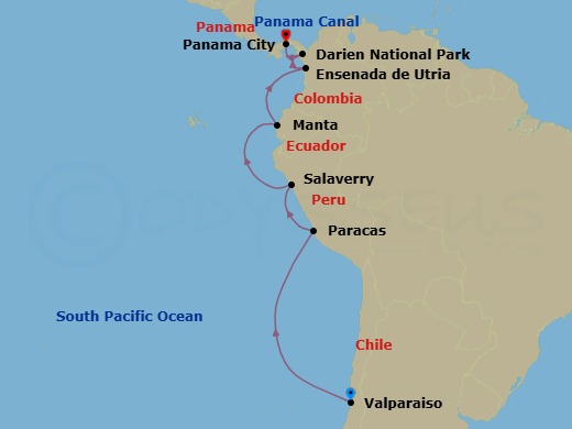 13 Night - Ancient Kingdoms and Natural Treasures : Chile to Panama - Scenic Eclipse II - Starting in Valparaiso, Chile, Pinguino de Humboldt National Reserve, At Sea / Paracas, Peru, Paracas, Peru, Salaverry, Peru, Manta, Ecuador, Utria National Park / Ensenada de Utria, Colombia, Darien National Park / Playa del Muerto, Panama, Panama City, Panama itinerary map