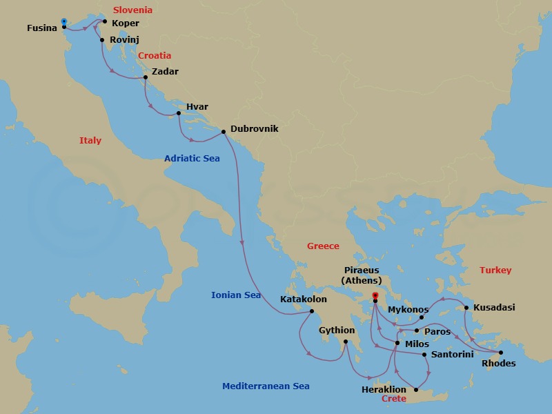 19 Night - Europe from Fusina to Athens - Silver Nova - Starting in Fusina, Koper, Rovinj, Zadar, Hvar, Dubrovnik, Croatia, Katakolon, Gythion, Milos, Athens, Santorini, Heraklion, Milos, Paros, Rhodes, Kusadasi, Mykonos, Athens itinerary map