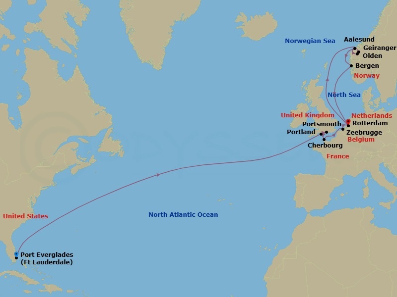 22 Night - Unesco World Heritage Fjords Crossing with England - Rotterdam - Starting in Fort Lauderdale, Florida, Portland UK (Weymouth), England, United Kingdom, Portsmouth UK, Cherbourg (Normandy), France, Zeebrugge (Brussels), Belgium, Rotterdam, the Netherlands, Geiranger, Norway, Scenic cruising Hardangerfjord, Olden, Norway, Scenic Cruising Nordfjord, Alesund, Norway, Bergen, Norway, Rotterdam, the Netherlands itinerary map