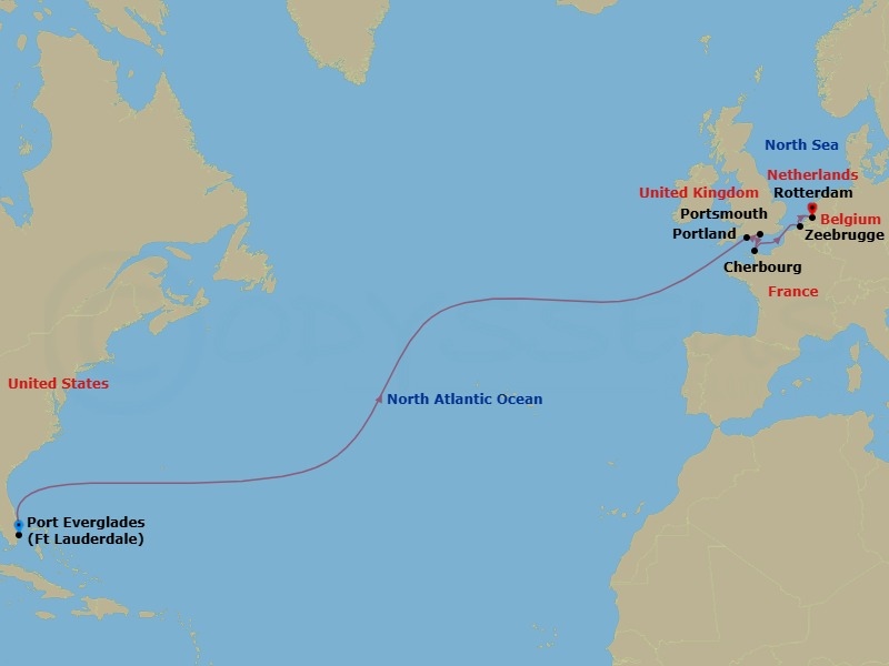 15 Night - Cultural Crossing with England, Normandy & Brugge - Rotterdam - Starting in Fort Lauderdale, Florida, Portland UK (Weymouth), England, United Kingdom, Portsmouth UK, Cherbourg (Normandy), France, Zeebrugge (Brussels), Belgium, Rotterdam, the Netherlands itinerary map