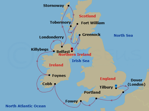 14 Night - British Isles & Ireland - Viking Mars - Starting in London (Tilbury), Dover UK, Portland UK, Fowey, Cobh (Cork), Foynes (Limerick), Killybegs, Londonderry, Lewis and Harris (Stornoway), Scotland, Tobermory, Fort William, Glasgow (Greenock), Belfast itinerary map