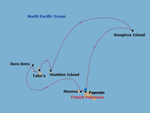 8 Night - Papeete, Tahiti / Papeete, Tahiti - Evrima - Starting in Papeete, Tahiti, Rangiroa, Tuamotus, Huahine (Marina Day), Tahaa (Beach Day), Bora Bora, Moorea, Papeete, Tahiti itinerary map