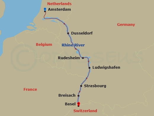 7 Night - Captivating Rhine - AmaSiena - Starting in Amsterdam, Dusseldorf, Rudesheim, Ludwigshafen, Strasbourg, Breisach, Basel itinerary map