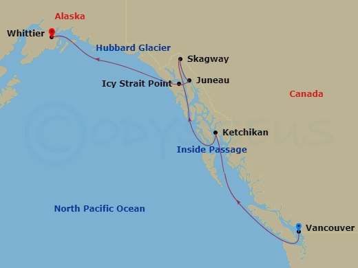 7 Night - Inside Passage Sail - Seven Seas Splendor - Starting in Vancouver, Cruising the Inside Passage, Ketchikan, Juneau, Skagway, Icy Strait Point, Cruising Hubbard Glacier, Anchorage (Whittier) itinerary map