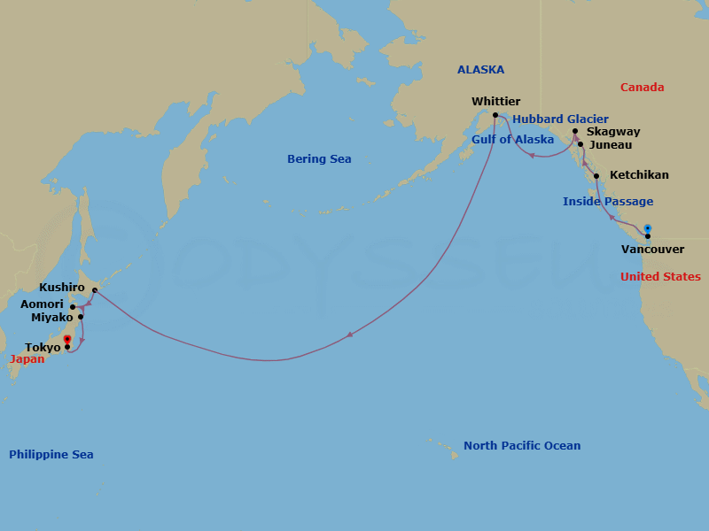 19 Night - Epic Pacific Passage - Seven Seas Splendor - Starting in Vancouver, Cruising the Inside Passage, Ketchikan, Juneau, Skagway, Cruising Hubbard Glacier, Anchorage (Whittier), Cruising the Pacific Ocean, Cross the International Date Line, Cruising the Pacific Ocean, Kushiro, Aomori, Miyako, Cruising the Pacific Ocean, Tokyo itinerary map