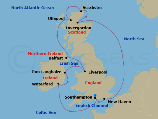 12 Night - Splendor of the Isles - Seven Seas Splendor - Starting in London (Southampton), Cruising the North Sea, Edinburgh (Newhaven), Invergordon, United Kingdom, Scrabster Harbour, Ullapool, Cruising the Atlantic Ocean, Belfast, Liverpool, Dun Laoghaire, Waterford, Cruising the Celtic Sea, London (Southampton) itinerary map