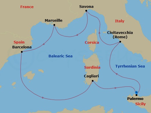 7 Night - Western Mediterranean Roundtrip from Palermo - Costa Smeralda - Starting in Palermo (Sicily), Civitavecchia / Rome, Savona, Italy, Marseille, France, Barcelona, Spain, Balearic sea darkest spot, Cagliari, Italy, Palermo (Sicily) itinerary map