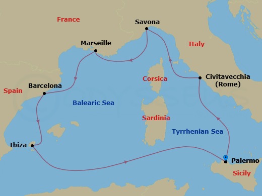 7 Night - Western Mediterranean Roundtrip from Palermo - Costa Smeralda - Starting in Palermo (Sicily), Civitavecchia / Rome, Savona, Italy, Marseille, France, Barcelona, Spain, Balearic sea darkest spot, Ibiza, Spain, Palermo (Sicily) itinerary map