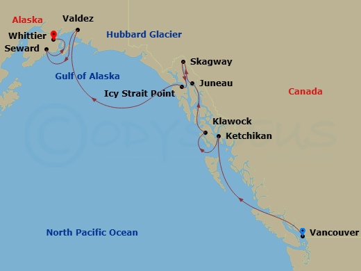 10 Night - Alaska Cruise : Juneau, Ketchikan & Valdez - Azamara Pursuit - Starting in Vancouver, British Columbia, Cruising Inside Passage, Ketchikan, Alaska, Klawock, Alaska, Juneau, Alaska, Skagway, Icy Strait Point, Alaska, Cruise Hubbard Glacier, Valdez, Alaska, Seward, Alaska, Whittier, Alaska itinerary map