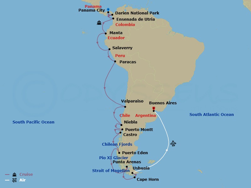 25 Night - The Chairman's Voyage : Ultimate Ancient Treasures, Fjords & Wonders of South America - Scenic Eclipse - Starting in Panama City, Panama, Darien National Park / Playa del Muerto, Panama, Utria National Park / Ensenada de Utria, Colombia, Manta, Ecuador, Salaverry, Peru, Paracas, Peru, Pinguino de Humboldt National Reserve, Valparaiso, Niebla, Chile, Puerto Montt, Chile, Castro, Isla Chiloe, Puerto Eden / Pio XI Glacier (Inner Fjords), Cruising Strait of Magellan, Punta Arenas, Chile, Chilean Fjords, Cape Horn, Ushuaia / Buenos Aires, Argentina itinerary map