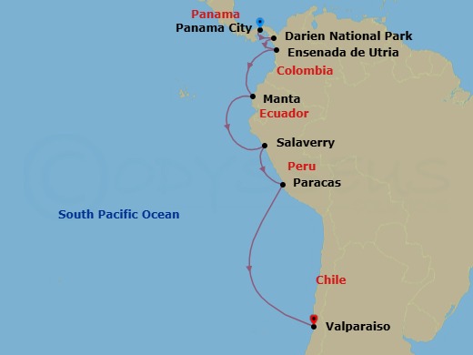 13 Night - Ancient Kingdoms and Natural Treasures : Panama to Chile - Scenic Eclipse - Starting in Panama City, Panama, Darien National Park / Playa del Muerto, Panama, Utria National Park / Ensenada de Utria, Colombia, Manta, Ecuador, Salaverry, Peru, Paracas, Peru, Pinguino de Humboldt National Reserve, Valparaiso, Chile itinerary map