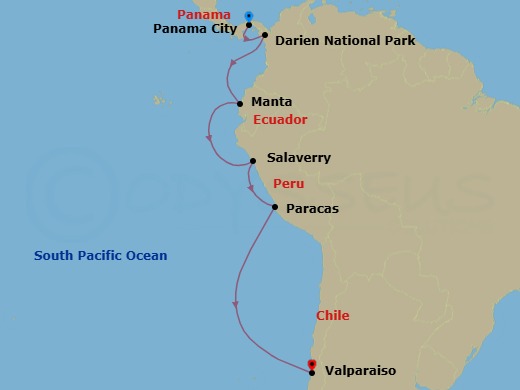13 Night - Ancient Kingdoms & Natural Treasures : Panama to Chile - Scenic Eclipse - Starting in Panama City, Panama, Darien National Park, Playa del Muerto, Panama, Utria National Natural Park, Ensenada de Utria, Colombia, Manta, Ecuador, Salaverry, Peru, Paracas, Peru, Pinguino de Humboldt National Reserve, Chile, Valparaiso, Chile itinerary map