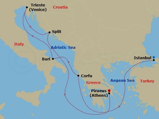 7 Night - Mediterranean - MSC Seaview - Starting in Istanbul, Turkey, Corfu, Greece, Bari, Italy, Trieste (Venice), Italy, Split, Croatia, Piraeus (Athens), Greece itinerary map