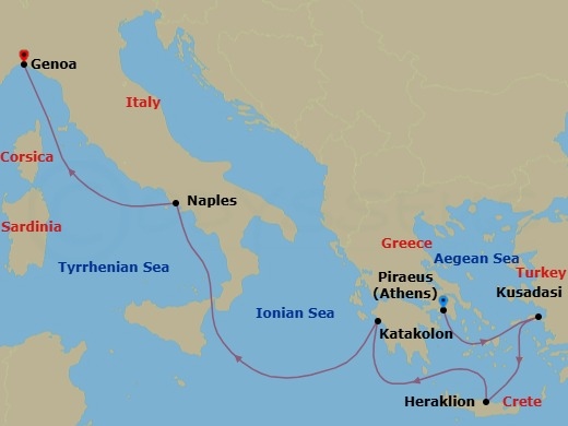 6 Night - Mediterranean - MSC Seaview - Starting in Piraeus (Athens), Greece, Kusadasi, Turkey, Heraklion (Crete), Greece, Katakolon (Olympia), Greece, Naples (Pompeii), Italy, Genoa (Portofino), Italy itinerary map