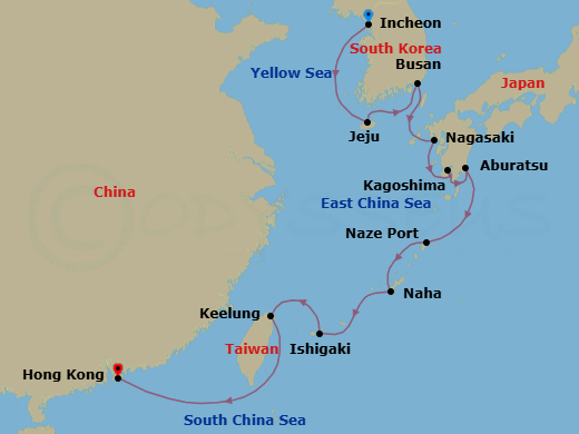 13 Night - Incheon to Hong Kong - Silver Muse - Starting in Incheon (Seoul), Jeju, Busan, Nagasaki, Kagoshima (Kyushu Island), Aburatsu, Naze, Amami Oshima, Naha / Okinawa, Ishigaki-jima, Keelung, Taiwan, Hong Kong itinerary map