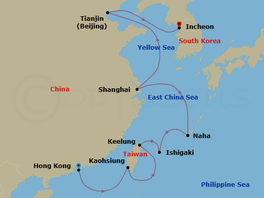 15 Night - Hong Kong to Incheon - Silver Muse - Starting in Hong Kong, Kaohsiung, Taiwan, Keelung, Taiwan, Ishigaki-jima, Naha / Okinawa, Shanghai, Tianjin (Beijing), Incheon (Seoul) itinerary map