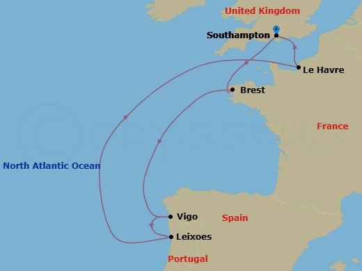 7 Night - Northern Europe - MSC Meraviglia - Starting in Southampton (London), United Kingdom, Brest, France, Vigo (Santiago De Compostela), Spain, Leixoes (Porto), Portugal, Le Havre (Paris), France, Southampton (London), United Kingdom itinerary map