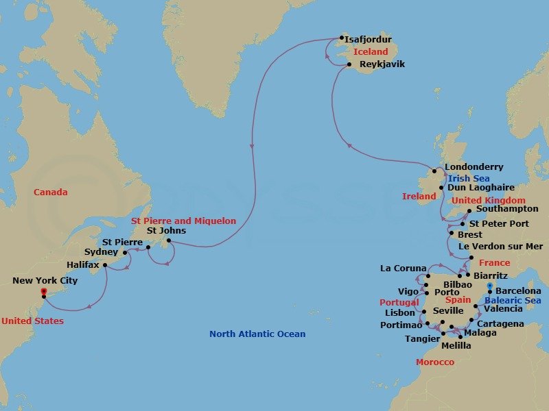 34 Night - Cultural Crossing - Oceania Sirena - Starting in Barcelona, Valencia, Cartagena ES, Malaga, Melilla, Tangier, Seville, Portimao, Lisbon, Oporto, Santiago De Compostela (Vigo), La Coruna, Bilbao, Biarritz (Saint-Jean-De-Luz), Bordeaux (Le Verdon), Brest, St Peter Port, Guernsey, London (Southampton), Dublin (Dun Laoghaire), Londonderry, Reykjavik, Isafjordur, St Johns NF, Saint-Pierre, Sydney NS, Halifax, New York itinerary map