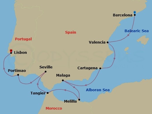 9 Night - Ferdinand's Fantasy - Oceania Sirena - Starting in Barcelona, Valencia, Cartagena ES, Malaga, Melilla, Tangier, Seville, Portimao, Lisbon itinerary map
