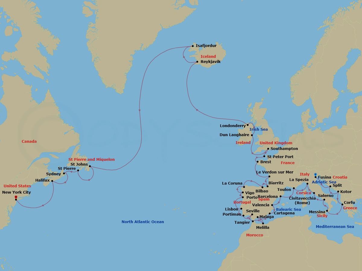 43 Night - Land of Love to Lady Liberty - Oceania Sirena - Starting in Venice (Fusina), Split, Kotor, Corfu, Messina (Sicily), Salerno, Rome (Civitavecchia), Cinque Terre (La Spezia), Toulon, Barcelona, Valencia, Cartagena ES, Malaga, Melilla, Tangier, Seville, Portimao, Lisbon, Oporto, Santiago De Compostela (Vigo), La Coruna, Bilbao, Biarritz (Saint-Jean-De-Luz), Bordeaux (Le Verdon), Brest, St Peter Port, Guernsey, London (Southampton), Dublin (Dun Laoghaire), Londonderry, Reykjavik, Isafjordur, St Johns NF, Saint-Pierre, Sydney NS, Halifax, New York itinerary map