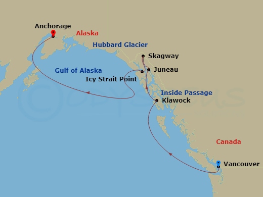 7 Night - Birdwatchers Heaven - Seven Seas Explorer - Starting in Vancouver, Cruising the Inside Passage, Klawock, Juneau, Skagway, Icy Strait Point, Cruising Hubbard Glacier, Anchorage (Whittier) itinerary map